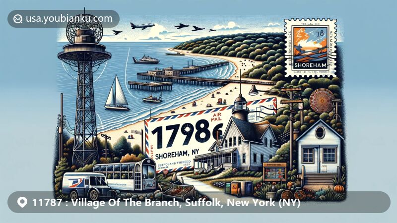 Modern illustration of Village Of The Branch, Suffolk, New York, showcasing colonial and federal architectural styles of historic homes, churches, and libraries, with a postal theme featuring ZIP code 11787.