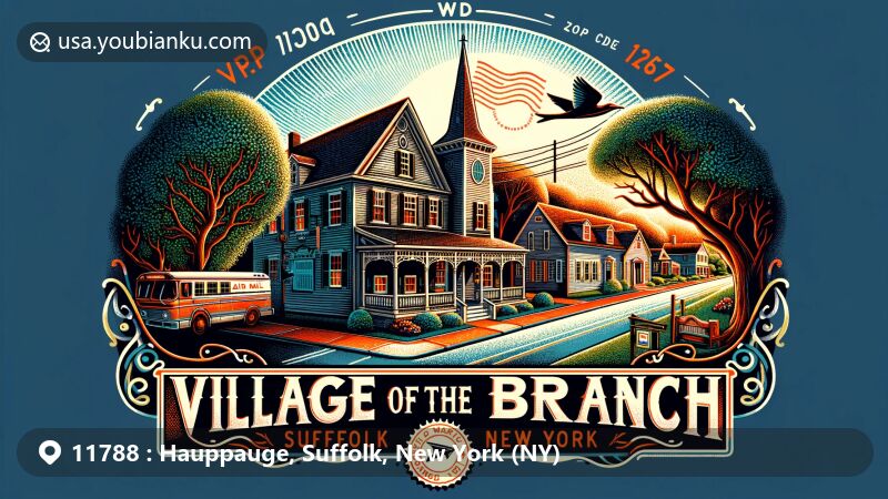 Modern illustration of Hauppauge, Suffolk County, New York, depicting postal theme with ZIP code 11788, featuring Hauppauge's map, industrial park, Blydenburgh and Hidden Pond parks, iconic Hauppauge High School, emphasizing community pride, education, and natural beauty.