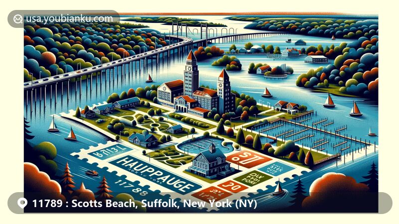 Modern illustration of Scotts Beach, Suffolk County, New York, highlighting Long Island Sound coastal beauty with sandy cliffs and rocky shoreline, featuring charming downtown district and postal-themed frame with ZIP code 11789.