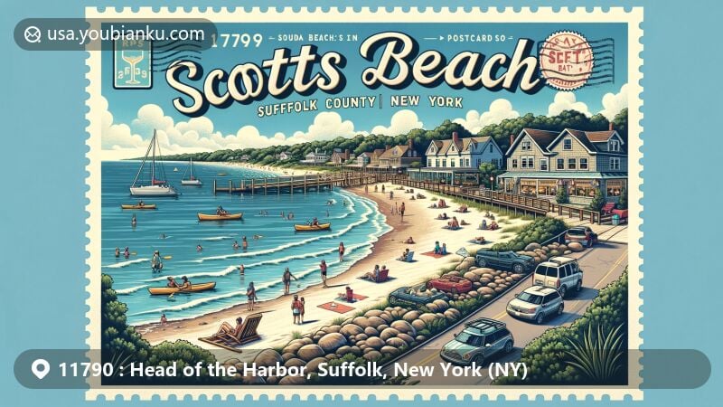 Modern illustration of Head of the Harbor, Suffolk County, New York, featuring Shore Cottage, a historic landmark built in 1913, highlighting its stucco exterior and gable roof design, integrated with elements representing Suffolk County and New York state, like the county outline and state flag, incorporating postal elements in vintage postcard format, including a stamp featuring Shore Cottage, a postmark with 'Head of the Harbor, NY 11790,' and postal motifs like ink stamps and old-fashioned mailboxes.
