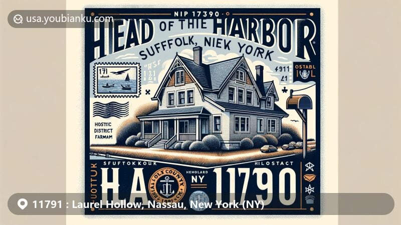 Modern illustration of Laurel Hollow, Nassau County, New York, featuring hilly terrain with deciduous trees and laurel bushes, showcasing postal theme with ZIP code 11791 and Cold Spring Harbor Laboratory stamp.