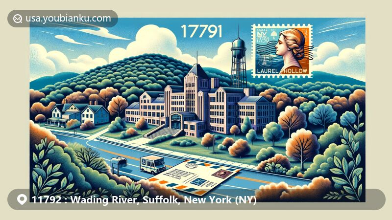 Modern illustration of Wading River, Suffolk County, New York, showcasing scenic North Shore, Tuthill-Lapham House, Calverton National Cemetery, Brookhaven State Park, and postal theme with ZIP code 11792.