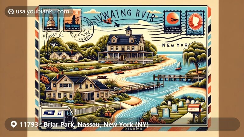 Energetic depiction of postal theme in Wantagh, Nassau County, New York, displaying iconic ZIP code 11793 and local symbols, integrating stamps, postal elements, and New York state landmarks.