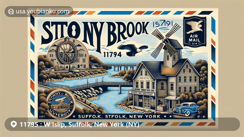 Modern illustration of West Islip, Suffolk County, New York, showcasing the South Shore of Long Island and the Good Samaritan Hospital, with vintage air mail elements and prominent ZIP code 11795, incorporating Long Island postage stamp and postal markings.