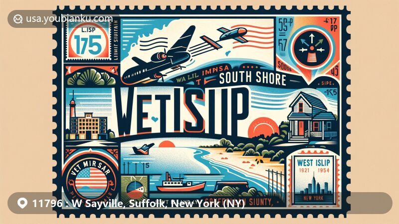 Modern illustration of W Sayville, Suffolk County, New York, showcasing Long Island Maritime Museum with historic Oyster Sloops Priscilla and Modesty, set against the picturesque Great South Bay, incorporating creative postal elements for ZIP code 11796 and town name W Sayville.