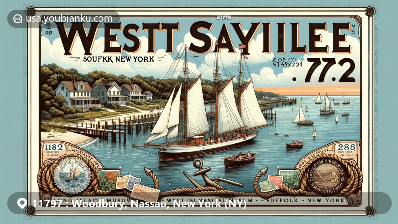 Modern illustration of Woodbury, Nassau County, New York, showcasing Long Island silhouette, Nassau County outline, Trail View State Park, Crest Hollow Country Club, and The Inn at Fox Hollow, with postal elements like air mail envelope, vintage postage stamp with ZIP code 11797, and a postal truck.