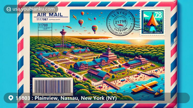 Illustration of Plainview, Nassau, New York, showcasing vintage air mail envelope, postcard with Hempstead Plains view, agricultural elements, and Plainview-Old Bethpage Public Library, featuring postal elements like stamp, postal mark, mailbox, and mail delivery vehicle.