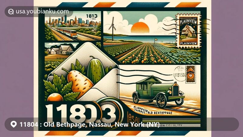 Modern illustration of Old Bethpage, Nassau, New York, featuring ZIP code 11804, highlighting rich history, postal heritage, and Old Bethpage Village Restoration with landmarks like Manetto Hill Methodist Church and Schenck House, intertwined with symbols of American rural life in the mid-19th century.