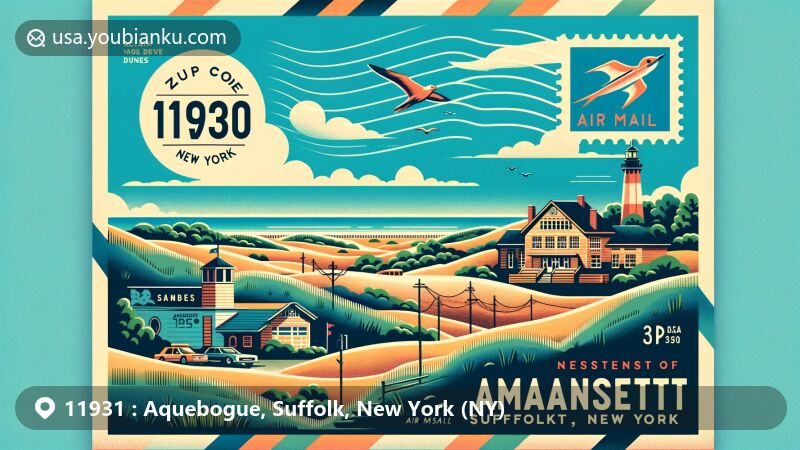 Modern illustration of Aquebogue, Suffolk, New York (NY), showcasing postal theme with ZIP code 11931, featuring Long Island Aquarium, North Fork vineyards, and Corwin House.