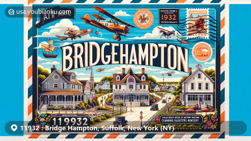 Modern illustration of Bridgehampton, Suffolk County, New York, featuring iconic landmarks like East End Children's Museum, South Fork Natural History Museum, Channing Daughters Winery, Mecox Beach, and Hampton Classic, showcasing vibrant Main Street scene with Victorian and modern homes, reflecting equestrian lifestyle and agricultural history, emphasizing '11932' ZIP code with Hampton Classic and Mecox Beach postage stamps, capturing charm of historic town and its role as Hamptons hub.