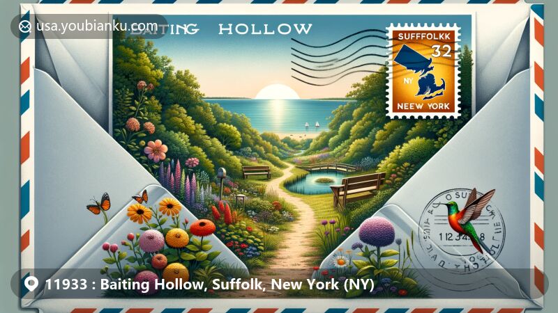 Artistic illustration of Baiting Hollow, Suffolk, New York, ZIP code 11933, featuring serene landscape, hummingbird sanctuary, colorful flowers, and postal theme with stamps and postmark.