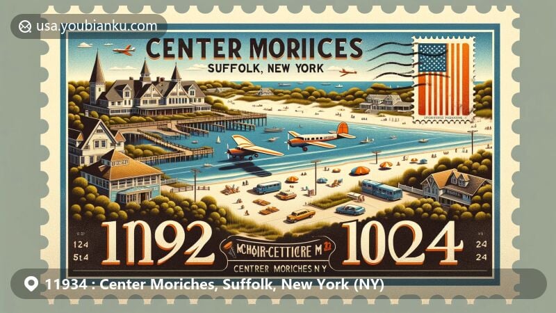 Modern illustration of Center Moriches, Suffolk County, New York, featuring vintage air mail envelope with postal elements, showcasing white sandy beaches, lush green parks, and iconic landmarks like Masury Estate Ballroom and Terry-Ketcham Inn.
