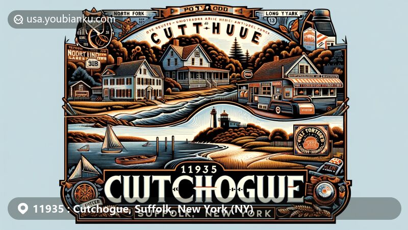 Modern illustration of Cutchogue, Suffolk, NY, showcasing postal theme with ZIP code 11935, featuring Old House, Fort Corchaug, Cutchogue Diner, Alex Ferrone Gallery, and scenic North Fork of Long Island.