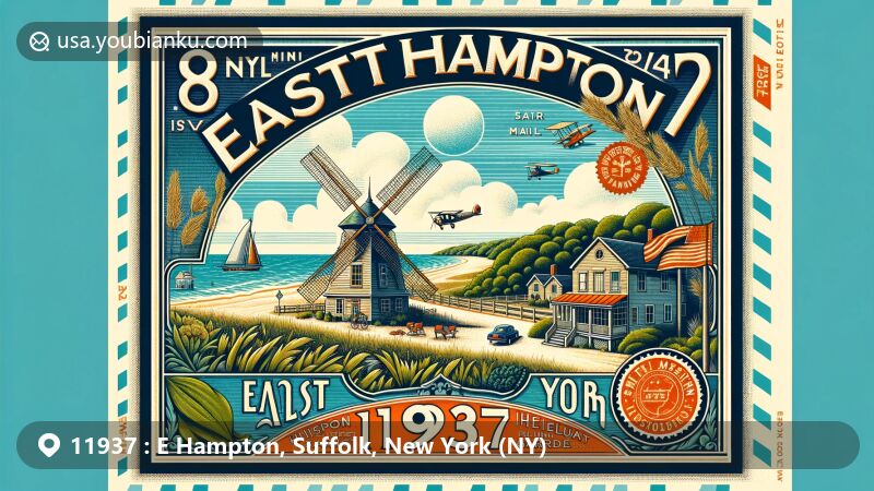 Modern illustration of East Hampton, Suffolk County, New York, featuring postal theme with ZIP code 11937, showcasing iconic landmarks like Clinton Academy and Old Hook Mill, against lush Hamptons landscapes and Mimi Meehan Native Plant Garden.