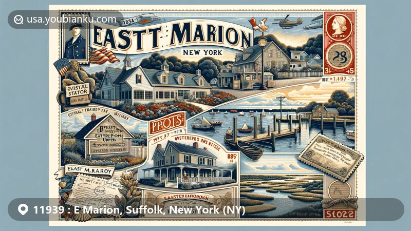 Modern illustration of East Marion, Suffolk County, New York, featuring The Blue Inn, Oysterponds Upper Neck historical site, East Marion post office, scenic bays and farmlands, vintage postal elements, and 'East Marion, NY 11939'.