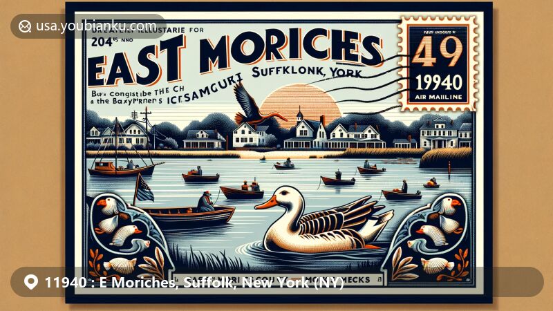 Modern illustration of East Moriches, Suffolk County, New York, showcasing postal theme with ZIP code 11940, featuring Moriches Bay, duck farm tradition, Moriches fishing boat, and Ketcham Inn.
