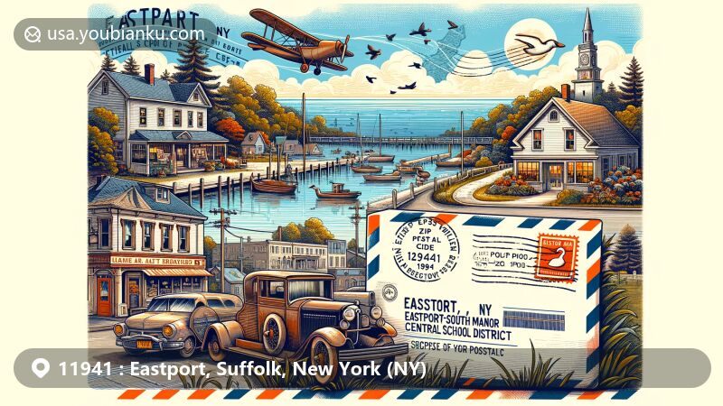 Modern illustration of Eastport, New York, capturing charm of town streets, attractive shops, coastal proximity, and historical duck farming, creatively depicted in vintage air mail envelope with prominent ZIP Code 11941.