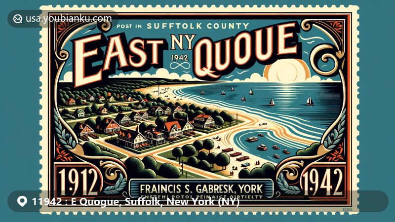 Modern illustration of East Quogue, Suffolk County, New York, featuring postal theme with ZIP code 11942, showcasing serene coastal landscape, lush greenery, iconic East Quogue Village Green, and stylized Francis S. Gabreski Airport.