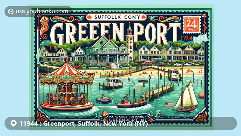 现代插画风格展示纽约州萨福克县Greenport村庄，邮政编码11944，包括历史悠久的旋转木马、希腊复兴建筑、风景如画的海滨区域和邮政元素。设计明亮吸引人，展示Greenport魅力和美丽，吸引对地理和邮政编码感兴趣的人。