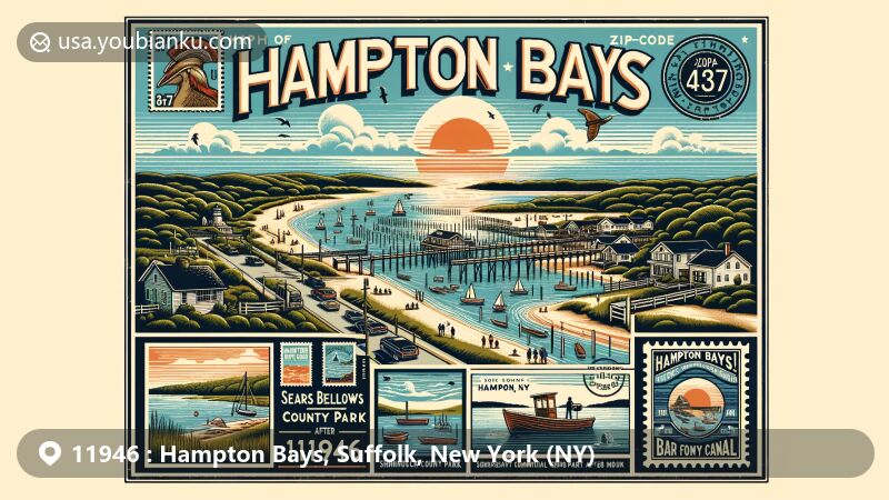 Vintage postcard style illustration of Hampton Bays, NY, highlighting Shinnecock Bay and Canal, Sears Bellows County Park, and fishing culture, with postal elements including a stamp with Hampton Bays imagery and ZIP code 11946.