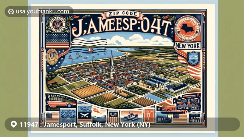Modern illustration of Jamesport, Suffolk County, New York, blending regional charm with postal elements, showcasing ZIP code 11947, featuring downtown area, farms, and Hallock State Park Preserve.
