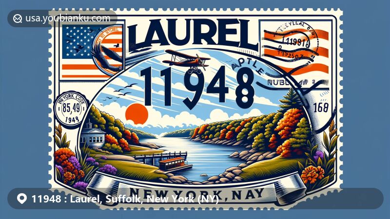 Modern illustration of Laurel, NY, highlighting scenic landscapes, postal theme with ZIP code 11948, featuring New York state flag and contemporary postal elements.