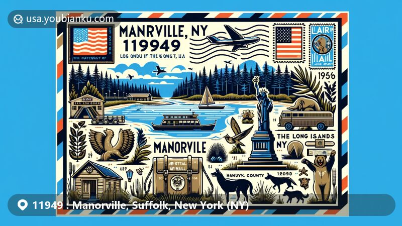 Modern illustration of Manorville, Suffolk County, New York, featuring vintage air mail envelope with ZIP code 11949, showcasing Long Island Central Pine Barrens, Shrine of Our Lady of the Island, animal silhouettes, and postal elements.