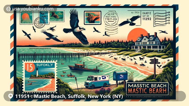 Modern illustration of Mastic Beach, Suffolk County, New York, highlighting coastal beauty with ZIP code 11951, featuring wildlife, Wertheim National Wildlife Refuge, William Floyd Estate, and postal theme.