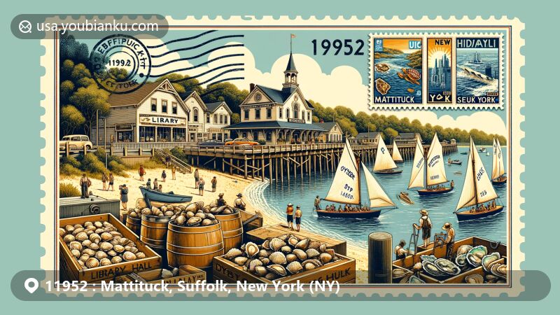 Modern illustration of Mattituck, Suffolk County, New York, featuring postal theme with ZIP code 11952, showcasing Mattituck Yacht Club Regatta, local oyster industry, Library Hall, and historic train depot.