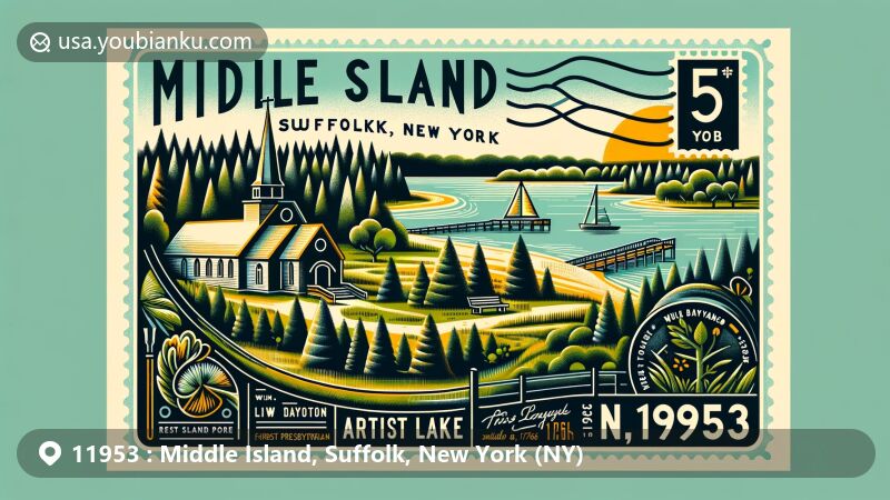 现代插图展示了纽约州苏福克县Middle Island的中心地标和元素，包括11953邮政编码。艺术作品展示了著名的Artist Lake、1766年建造的第一座长老会教堂和代表社区环境的松树，融合了邮政主题和纽约州旗，色彩生动吸引人。