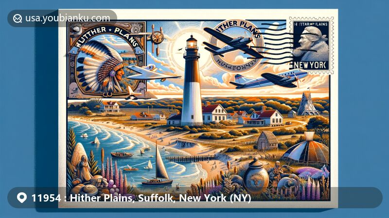 Modern illustration of Hither Plains region, Suffolk County, New York, showcasing vibrant aviation-themed envelope with Montauk Lighthouse, Hither Hills, and historical elements, honoring ZIP code 11954.