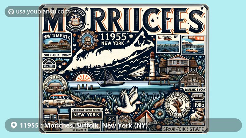 Modern illustration of Moriches, New York, highlighting Moriches Bay, 11955 ZIP code, Suffolk County's outline, and New York state symbols like the state flag. Framed in a vintage air mail envelope with stamp featuring Moriches Bay and postal markings nodding to town's history, Native American origins, and Jurgielewicz Duck Farm.