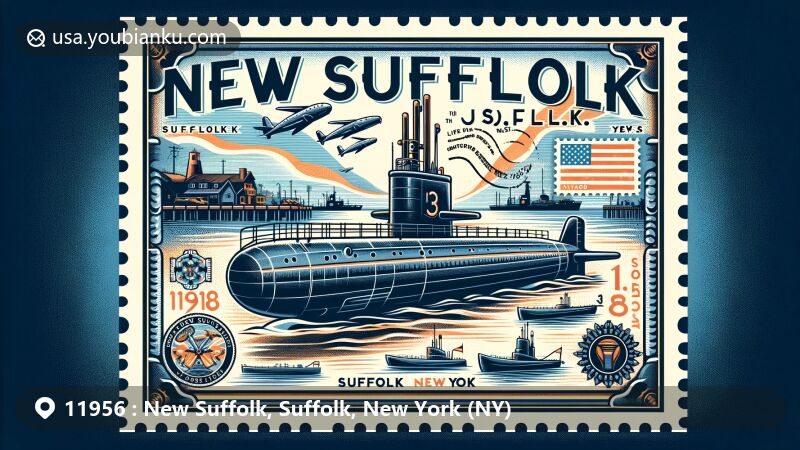 Modern illustration of New Suffolk, Suffolk, New York (NY), highlighting naval history and postal features, showcasing USS Holland submarine at America's first submarine base, with vintage air mail envelope, 11956 ZIP code postmark, and creative postage stamp depicting naval theme.