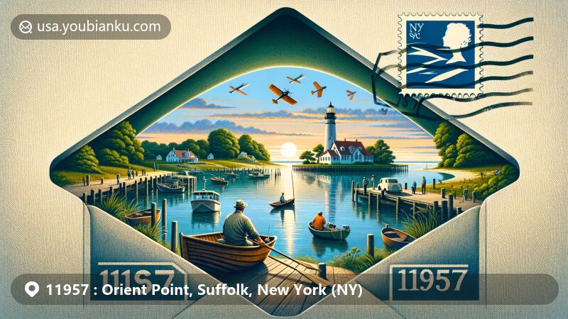 Modern illustration of Orient Point, Suffolk, New York, capturing the serene Long Island Sound, Orient County Park's fishing spots, and iconic Orient Point Lighthouse, set in lush New England landscapes with subtle hints of agriculture, all within a postal-themed open envelope with ZIP code 11957.