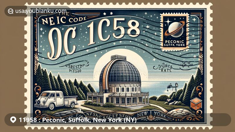 Modern illustration of Peconic, Suffolk County, New York, showcasing vintage air mail envelope with ZIP code 11958, featuring Custer Observatory and local greenery.