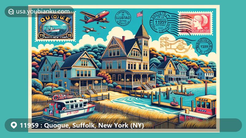 Modern illustration of Quogue, Suffolk County, New York, capturing the charm of the Quogue Historic District with Victorian-style houses and the Quogue Life-Saving Station, merging rich history and maritime heritage, set against the natural beauty of Quogue's beaches and wetlands, including vintage postage stamp and '11959' postal mark.