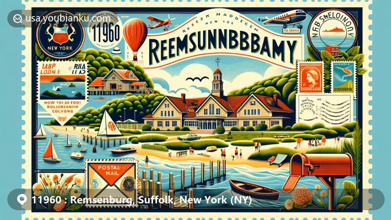 Modern illustration of Remsenburg, Suffolk County, New York, capturing the essence of community life and natural beauty, featuring Remsenburg Academy, lush greenery, beach, and postal elements with ZIP code 11960.