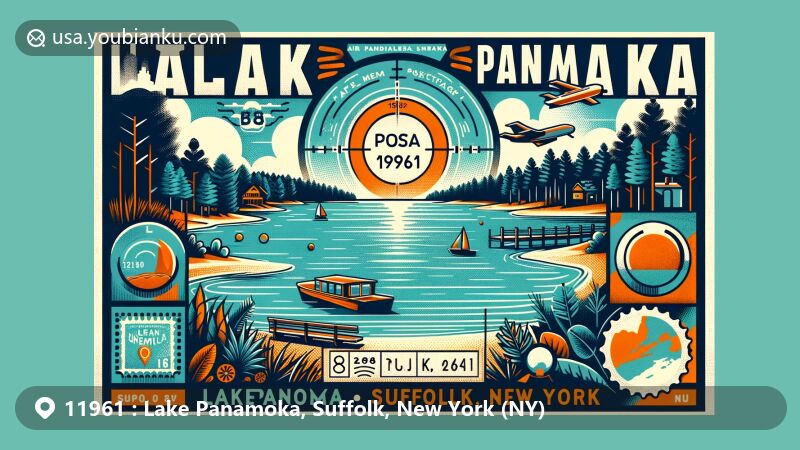 Artistic depiction of Lake Panamoka, Suffolk County, New York, showcasing natural beauty with serene lake and pine forest, featuring vintage postcard with postal elements and ZIP code 11961.