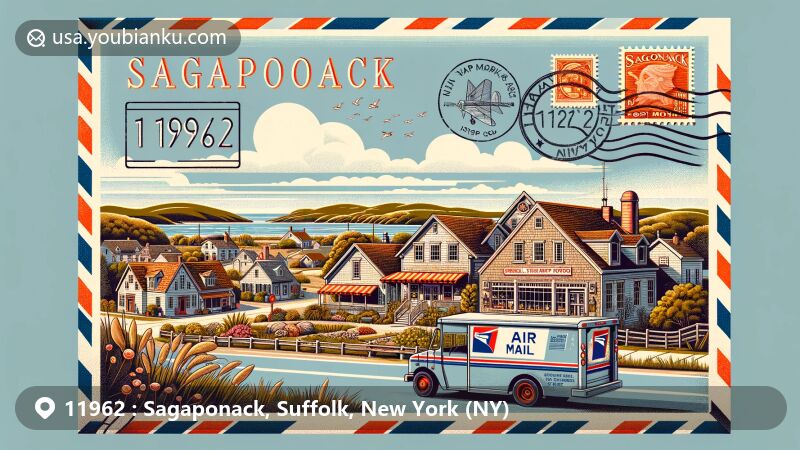 Modern illustration of Sagaponack, Suffolk County, New York, featuring General Store/Post Office, farmhouses, and picturesque landscapes within an air mail envelope, incorporating postal elements like stamps and a postal truck.