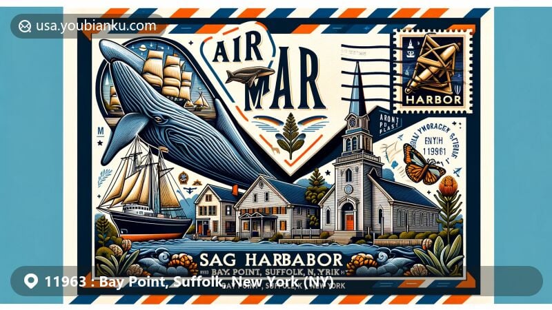 Modern illustration of Bay Point, Suffolk, New York, depicting postal theme with ZIP code 11963, featuring iconic elements from Sag Harbor such as the Old Whaler's Church, a whaling ship, and Apios americana plant, celebrating the village's rich maritime history and culture.