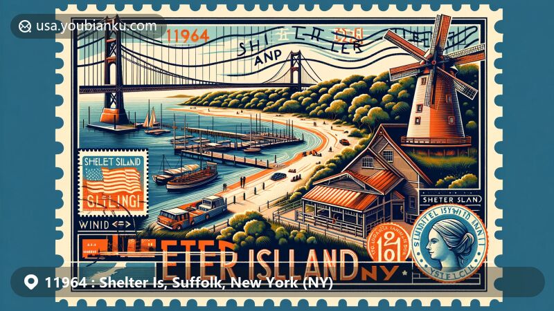 Modern illustration of Shelter Island, NY, featuring postal theme with ZIP code 11964, showcasing Smith–Ransome Japanese Bridge and Shelter Island Windmill, capturing the tranquil beauty and postal elements.