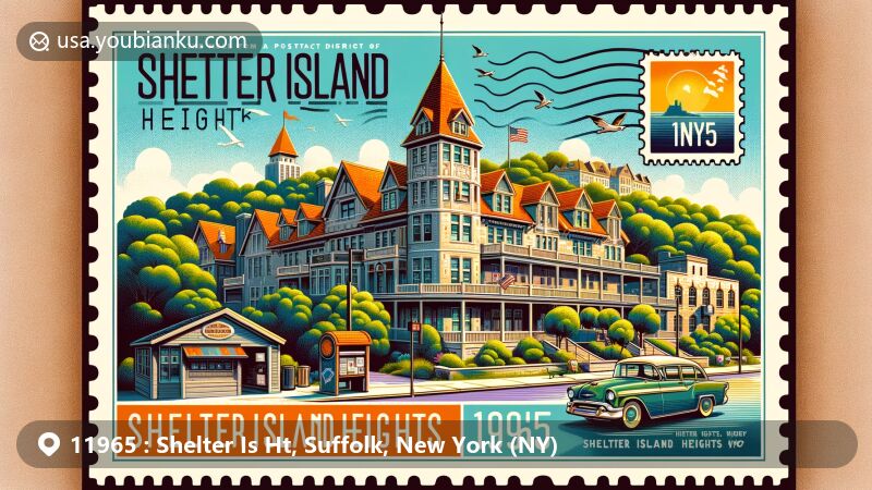 Modern illustration of Shelter Island Heights, New York, showcasing postal theme with ZIP code 11965, featuring Chequit Hotel and historic district architecture.