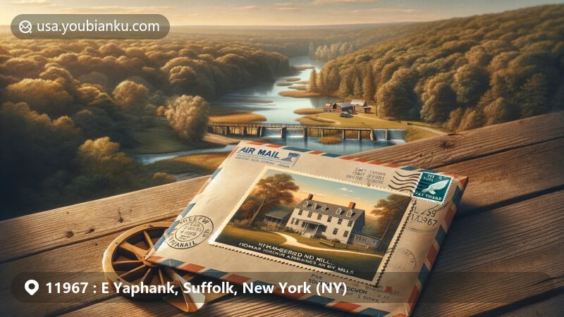 Modern illustration of East Yaphank, Suffolk, New York, featuring vintage airmail envelope with postcard of Homan-Gerard House and Mills, set against backdrop of Southaven County Park and Parr Meadows racetrack remnants.