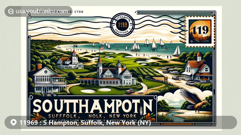 Modern illustration of Southampton, Suffolk, New York, highlighting postal theme with ZIP code 11969, featuring Shinnecock Hills Golf Club stamp and Southampton Arts Center, set against beach and agricultural backdrop.