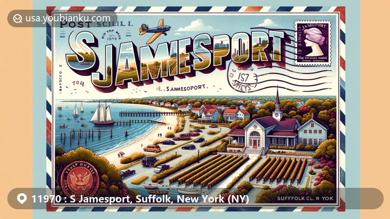 Modern illustration of S Jamesport, Suffolk County, New York, showcasing coastal beauty and postal heritage with Great Peconic Bay, vineyards, and downtown area, featuring vintage air mail envelope border and ZIP code 11970.