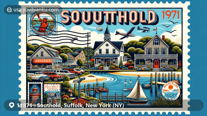 Modern illustration of Southold, Suffolk County, New York, incorporating Greenport harbor and rural landscape, portraying a tranquil small-town vibe with shops, restaurants, beaches, and parks, featuring postal theme with 'Southold, NY 11971' postmark in a postcard-style design.