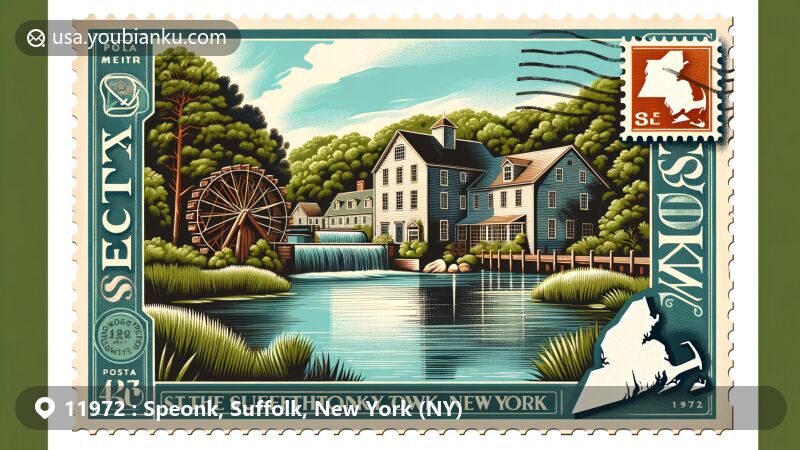 Modern illustration of Speonk, Suffolk, New York (NY), featuring Fordham Mill as a landmark, surrounded by lush greenery, with subtle incorporation of Suffolk County's outline, vintage postage stamp displaying ZIP code 11972, and faint postal mark, showcasing tranquil natural environment and postal heritage.