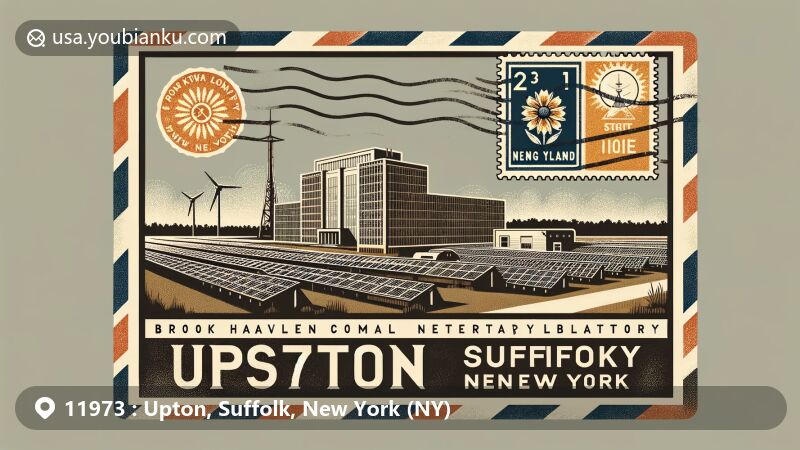 Modern illustration of Upton, Suffolk County, New York, highlighting Brookhaven National Laboratory and Long Island Solar Farm, set against a vintage airmail envelope with New York State flag stamp and elegant display of ZIP code 11973.