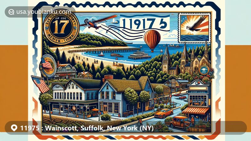 Modern illustration of Wainscott, Suffolk County, New York, featuring charming downtown area with eateries and shops, integrated with a creative postal theme showcasing vintage postcard design and ZIP code 11975.