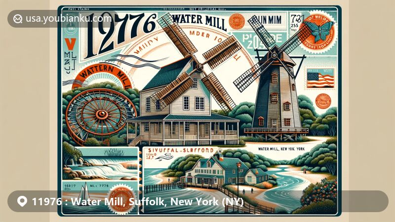 Modern illustration of Water Mill, Suffolk County, New York, highlighting iconic landmarks like Water Mill Museum with historic grist mill, colonial garden, and windmill, set against picturesque landscape with beaches and greenery.